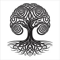 A Celtic tree with roots and branches creating a double spiral design illustration in black and white vector
