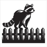 A Raccoon standing on a fence looking around illustration in black and white vector