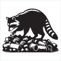 A Raccoon digging through a pile of garbage illustration in black and white vector
