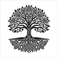 A Celtic tree with triangular knot illustration in black and white vector
