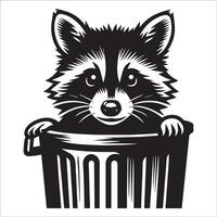 A Raccoon peeking out of a trash can illustration in black and white vector