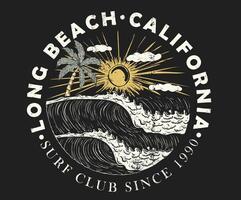California wave. Sunny day at the beach. Ocean wave. Palm tree retro print artwork. Long beach. Summer vibes. Surfing wave graphic print design for t shirt print, poster, sticker and other uses. vector