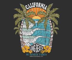 Surfing wave graphic print design for t shirt print, poster, sticker and other uses. California palm tree. Sunny day at the beach. Ocean wave. Palm tree retro print artwork. Long beach. Summer vibes. vector