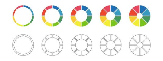 Donut charts, pies segmented on 8 equal parts. Wheels divided in eight sections. Diagrams infographic multicolored set. Circle section graph. Pizza chart icon. Round loading bar. Graphic illustration vector