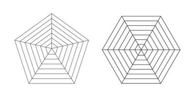 Pentagon and hexagon radar, spider diagram template. Spider mesh. Polygon graphs. Diagram for statistic and analytic. Blank radar charts. Simple coaching tool. Grid with segments. Graphic illustration vector