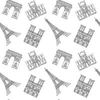 Seamless pattern Paris architecture, Eiffel tower, Notre Dame, Triumphal Arch in doodle style. Hand drawn by black inks. Drawing for prints, textile, wall and wrapping paper vector