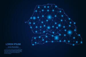 Abstract image Senegal map - With Blue Glow Dots And Lines On Dark Gradient Background, 3D Mesh Polygon Network Connection. vector