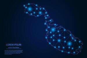 Abstract image Malta map - With Blue Glow Dots And Lines On Dark Gradient Background, 3D Mesh Polygon Network Connection. vector