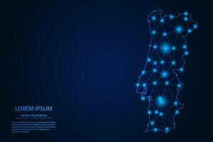 Abstract image Portugal map - With Blue Glow Dots And Lines On Dark Gradient Background, 3D Mesh Polygon Network Connection. vector