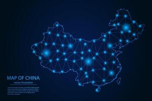 Abstract image China map - With Blue Glow Dots And Lines On Dark Gradient Background, 3D Mesh Polygon Network Connection. vector