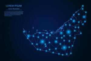 Abstract image United Arab Emirates map - With Blue Glow Dots And Lines On Dark Gradient Background, 3D Mesh Polygon Network Connection. vector