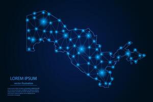 Abstract image Uzbekistan map - With Blue Glow Dots And Lines On Dark Gradient Background, 3D Mesh Polygon Network Connection. vector