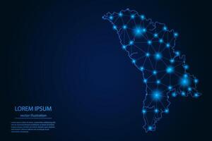 Abstract image Moldova map - With Blue Glow Dots And Lines On Dark Gradient Background, 3D Mesh Polygon Network Connection. vector