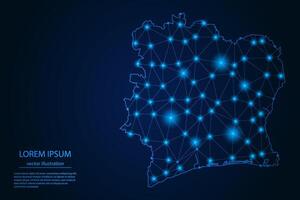 Abstract image Ivory Coast map - With Blue Glow Dots And Lines On Dark Gradient Background, 3D Mesh Polygon Network Connection. vector