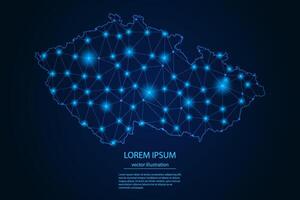 Abstract image Czech Republic map - With Blue Glow Dots And Lines On Dark Gradient Background, 3D Mesh Polygon Network Connection. vector