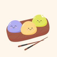 Mochi deserts with smiling face on a wooden board vector
