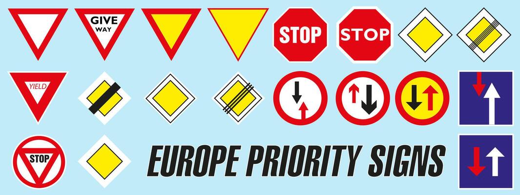 Priority road signs of Europe. Road signs of Europe. Bright road signs.