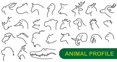 A set of profiles of various animals and birds. Animals in profile. Black icons on a white background. vector