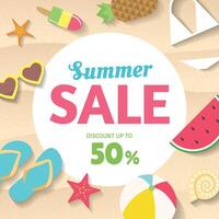 Beach sand background with different summer items on it. Summer Sale banner design with flat illustrations of watermelon, flip flops, sunglasses, ice cream and more vector