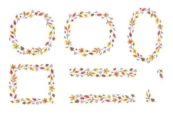 Autumn leaves frames collection. Autumnal wreath illustration with colorful leaves and berries on white background
