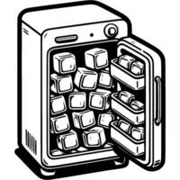 Refrigerator with open door filled with frozen ice cubes in monochrome. Ice cubes for drinks. Simple minimalistic in black ink drawing on white background vector
