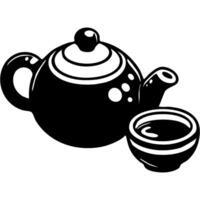Ceramic teapot and cup for Chinese tea drinking in monochrome. Set of dishes for tea ceremony. Simple minimalistic in black ink drawing on white background vector