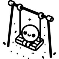 Small round character rides on swing in yard in monochrome. Children summer activities. Simple minimalistic in black ink drawing on white background vector