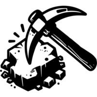 Sharp mason pickaxe splits rock in monochrome. Antique tool for working in quarry. Simple minimalistic in black ink drawing on white background vector