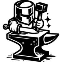 Medieval blacksmith forges sword on anvil in marten in monochrome. Production of medieval weapons. Simple minimalistic in black ink drawing on white background vector