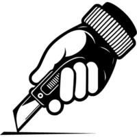 Hand of builder dressed in protective glove cuts off material with stationery sliding knife in monochrome. Simple minimalistic in black ink drawing on white background vector