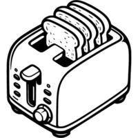 Pieces of bread inserted into toaster in monochrome. Frying white bread. Simple minimalistic in black ink drawing on white background vector