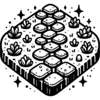 Garden path paved with square tiles in monochrome. Well maintained farm plot. Simple minimalistic in black ink drawing on white background vector