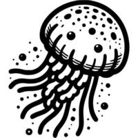 Sea jellyfish with long tentacles in monochrome. Dangerous inhabitant of deep sea. Simple minimalistic in black ink drawing on white background vector