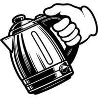 Man hand pours water from electric kettle in monochrome. Tea party invitation. Simple minimalistic in black ink drawing on white background vector