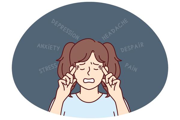 Little upset teen girl suffers from depression and headaches puts fingers to temples