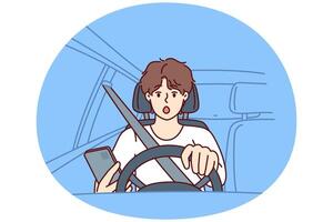 Man driver with phone sits behind wheel of car and gets scared sees obstacle on road or sharp turn vector