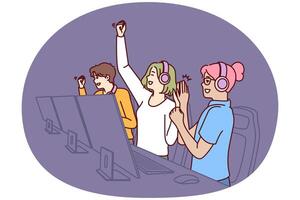 Team of delighted esports players participating in gamer competition in multiplayer game or MMORPG vector