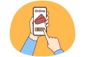 Hands with phone using applications to buy tickets for football match or concert of musical group vector