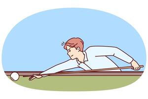 Man plays billiards leaning over table with cue in hands and taking aim, to put ball into hole vector