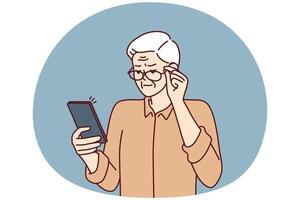 Elderly man with poor eyesight squint looking at screen of mobile phone to read SMS vector
