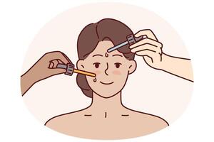 Hands with pipettes near face of woman during cosmetic procedures and lifting to get rid of wrinkles vector