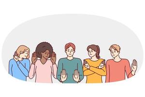Group of multiethnic people show stop gestures not wanting to accept discrimination vector