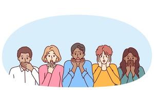 Frightened diverse people open mouths touch faces and experience shock and panic vector
