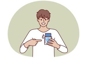 Man pointing finger at perfume bottle recommending to buy cologne or antiperspirant with cool scent vector