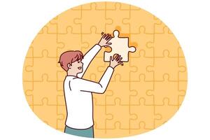 Business man putting last piece of puzzle in free space for problem solving concept vector