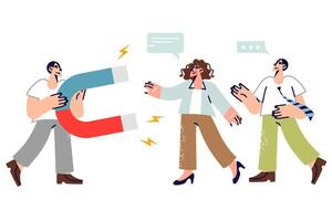 Man marketer attracts and retains clients or service buyers using magnet to increase sales vector