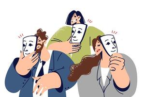 Business people put on masks to simulate emotions and deceive, working for fraudulent company vector