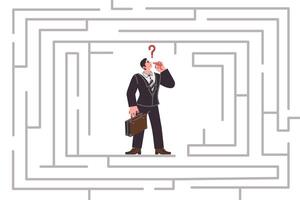 Business man stands in labyrinth and thinks, coming up with options for solving problem vector