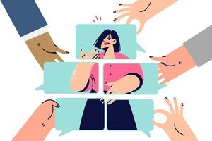 Social portrait of woman compiled by people around from small pieces, as metaphor of gossips vector