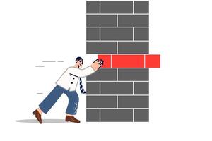 Man takes risks to achieve success in career, pushes out part of barrier to go further vector